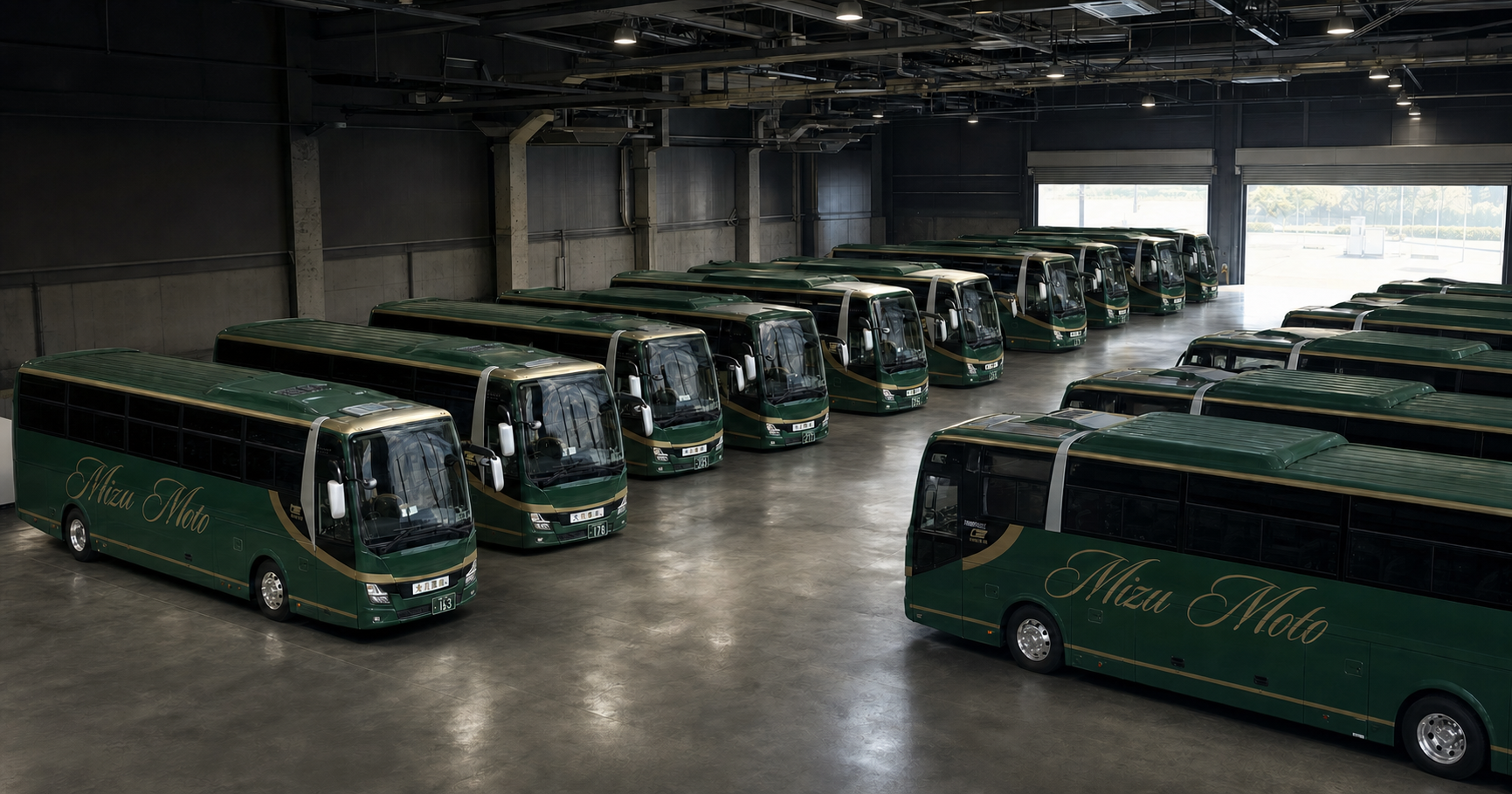 Mizumoto sightseeing coach fleet inside the operation depot
