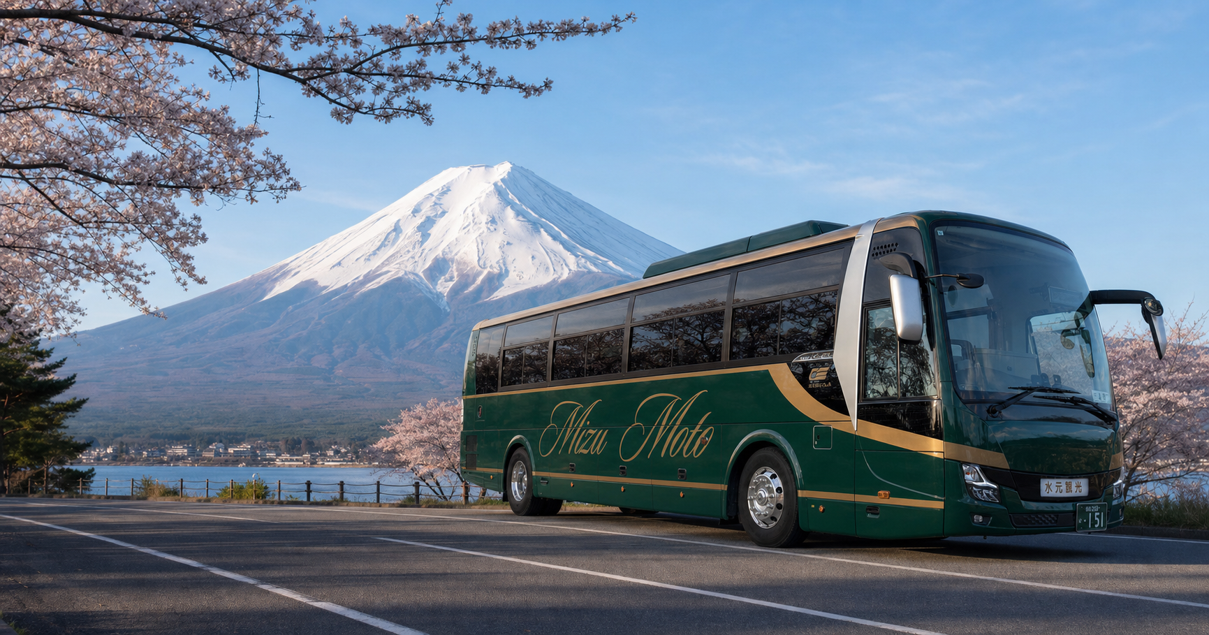 Mizumoto Sightseeing Bus with Mount Fuji and cherry blossoms